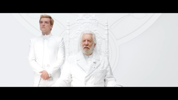 Donald Sutherland and Josh Hutchinson as President Snow and Peeta Mellark